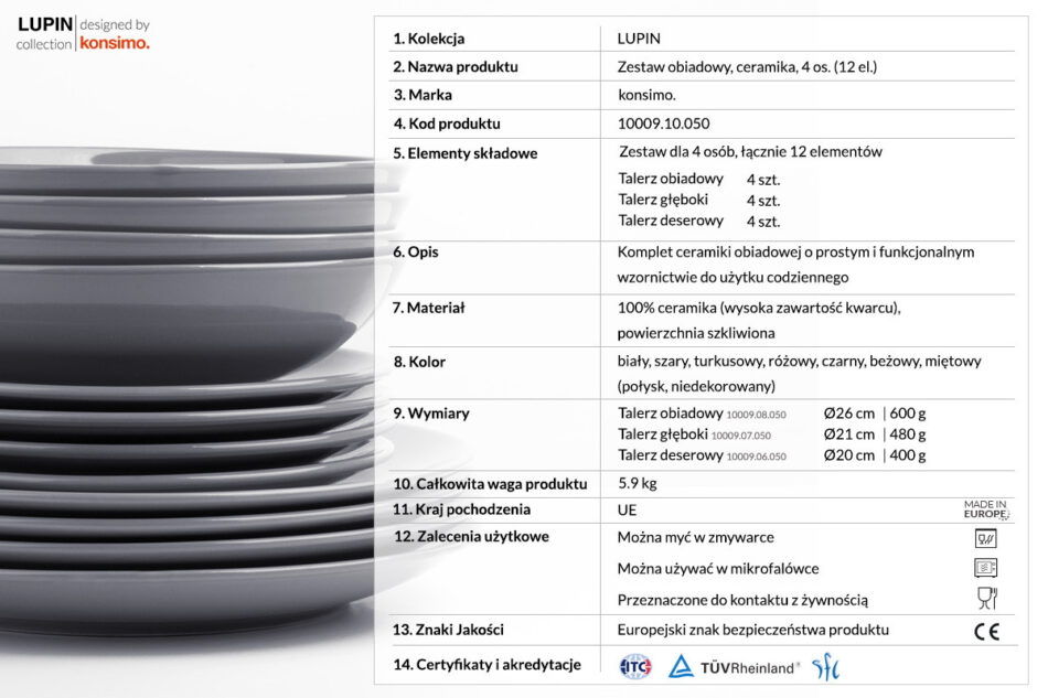 LUPIN Zestaw obiadowy, 4 os. (12el.) szary - zdjęcie 3
