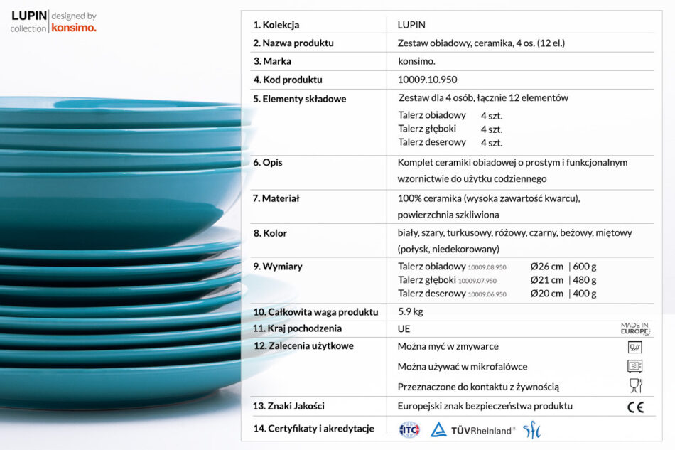 LUPIN Zestaw obiadowy, 4 os. (12el.) turkusowy - zdjęcie 3
