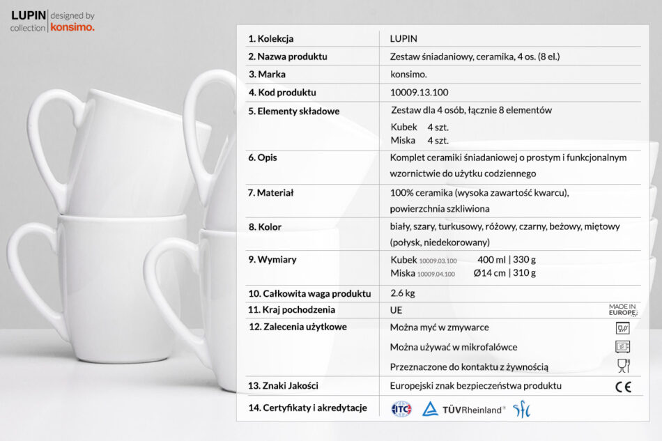 LUPIN Zestaw śniadaniowy, 4 os. (8 el.) biały - zdjęcie 3