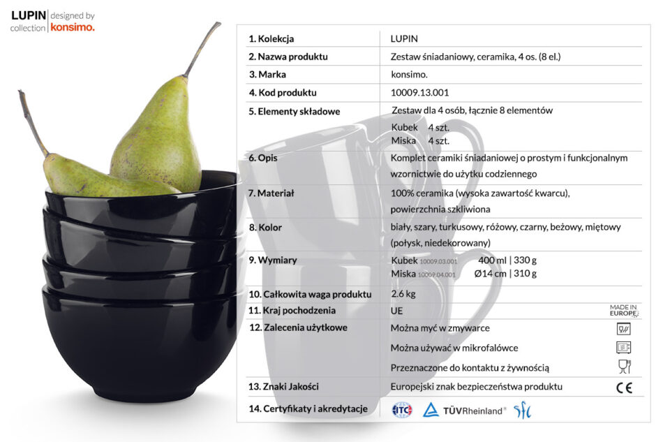 LUPIN Zestaw śniadaniowy, 4 os. (8 el) czarny - zdjęcie 2