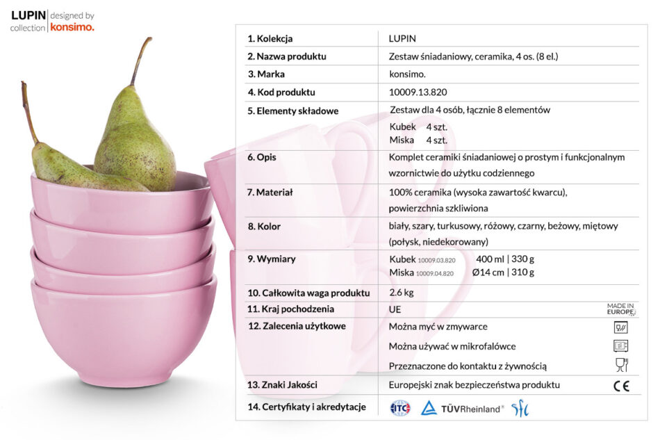 LUPIN Zestaw śniadaniowy, 4 os. (8 el) różowy - zdjęcie 2