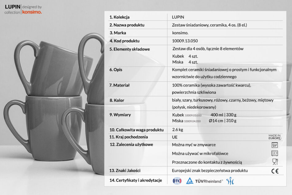 LUPIN Zestaw śniadaniowy, 4 os. (8 el.) szary - zdjęcie 3