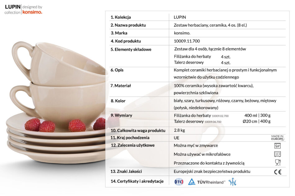 LUPIN Zestaw herbaciany, 4 os. (8 el) beżowy - zdjęcie 2