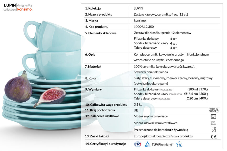 LUPIN Zestaw kawowy, 4 os. (12 el) miętowy - zdjęcie 2