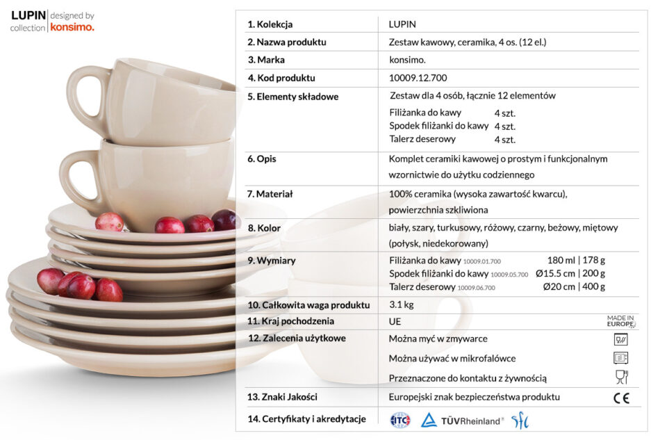 LUPIN Zestaw kawowy, 4 os. (12 el) beżowy - zdjęcie 2