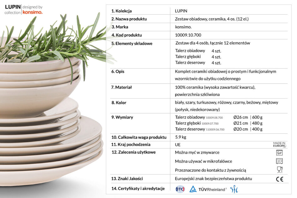LUPIN Zestaw obiadowy, 4 os. (12el) beżowy - zdjęcie 2