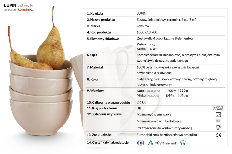 LUPIN Zestaw śniadaniowy, 4 os. (8 el) beżowy - zdjęcie 2
