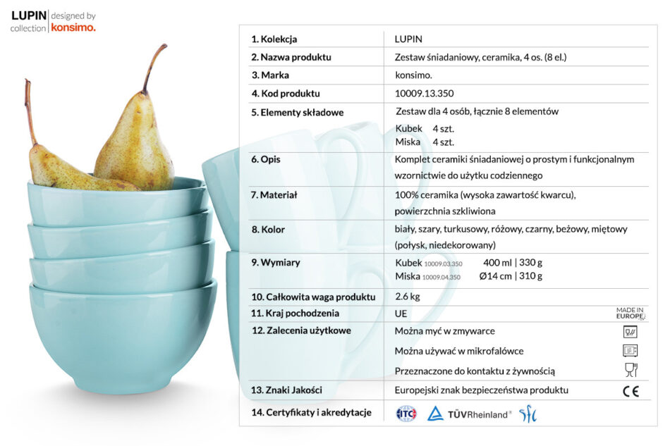 LUPIN Zestaw śniadaniowy, 4 os. (8 el) miętowy - zdjęcie 2