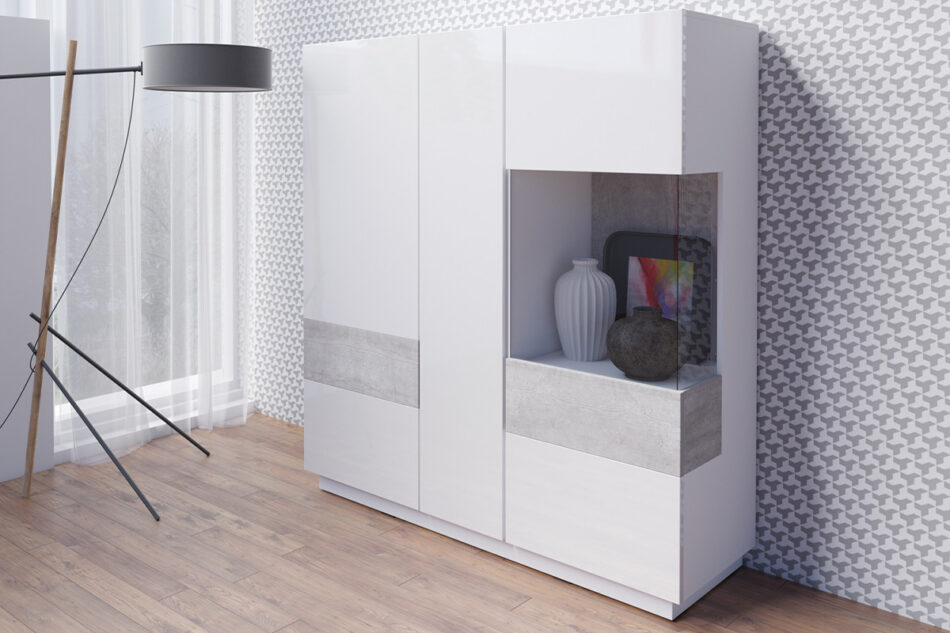 SILKE Komoda z witryną biały połysk/szary - zdjęcie 1