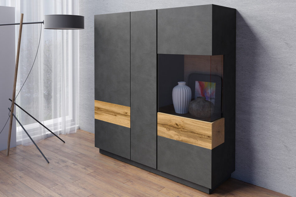 SILKE Komoda z witryną antracytowy/dąb - zdjęcie 2