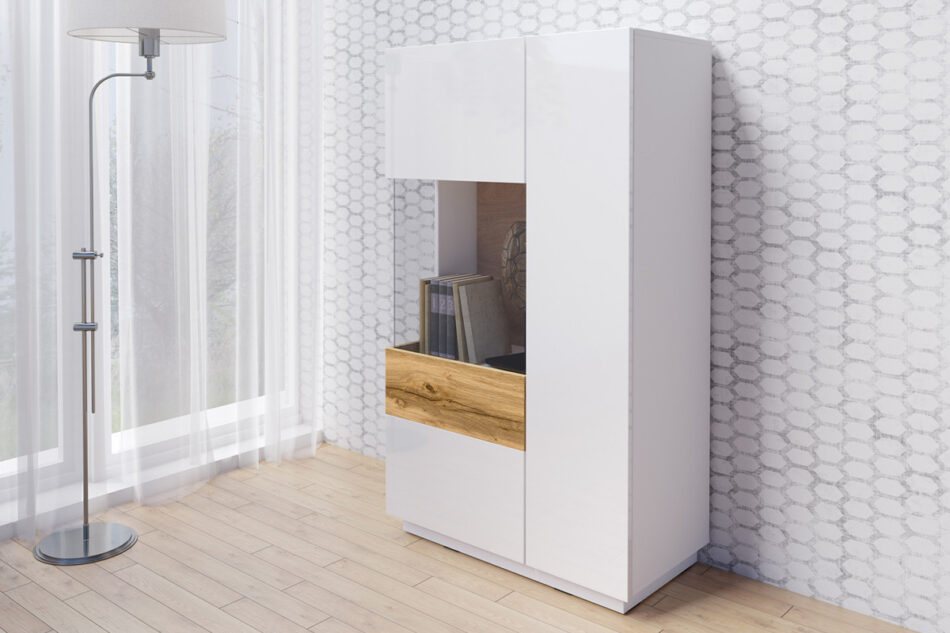 SILKE Komoda z witryną lewa biały połysk/dąb - zdjęcie 1