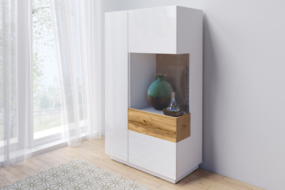 SILKE Komoda z witryną prawa biały połysk/dąb - zdjęcie 1