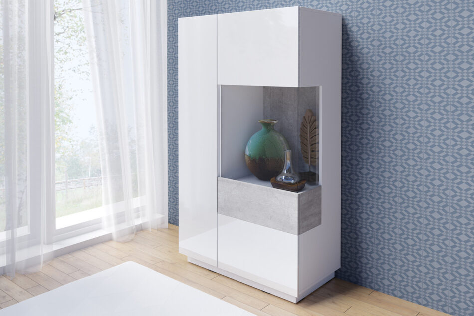 SILKE Komoda z witryną prawa biały połysk/szary - zdjęcie 1