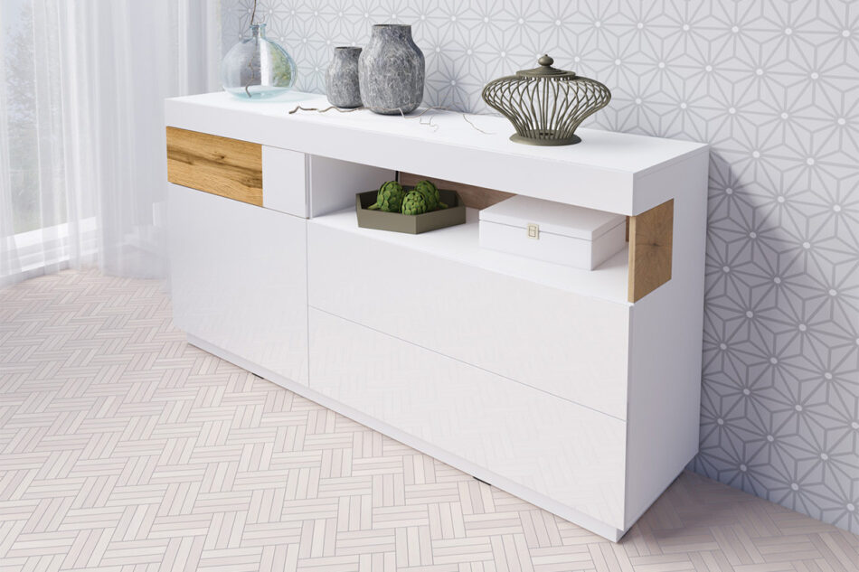 SILKE Komoda z witryną biały połysk/dąb - zdjęcie 1