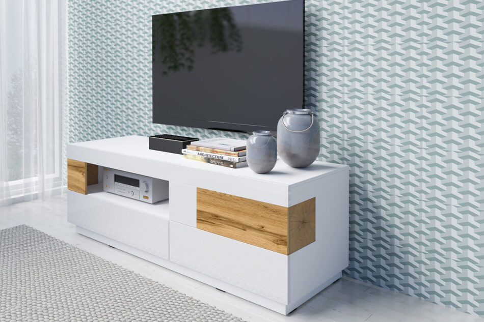 SILKE Szafka RTV biały połysk/dąb - zdjęcie 1