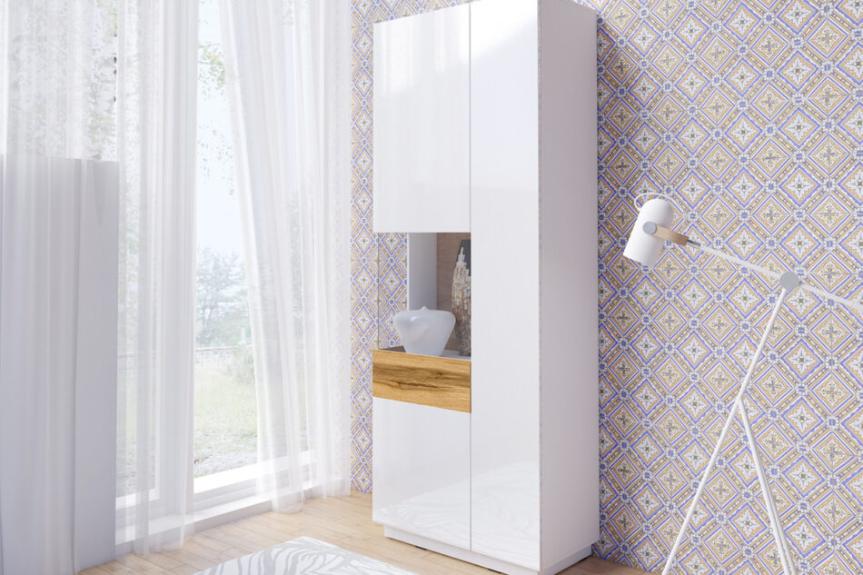 SILKE Witryna Lewa biały połysk/dąb - zdjęcie 1