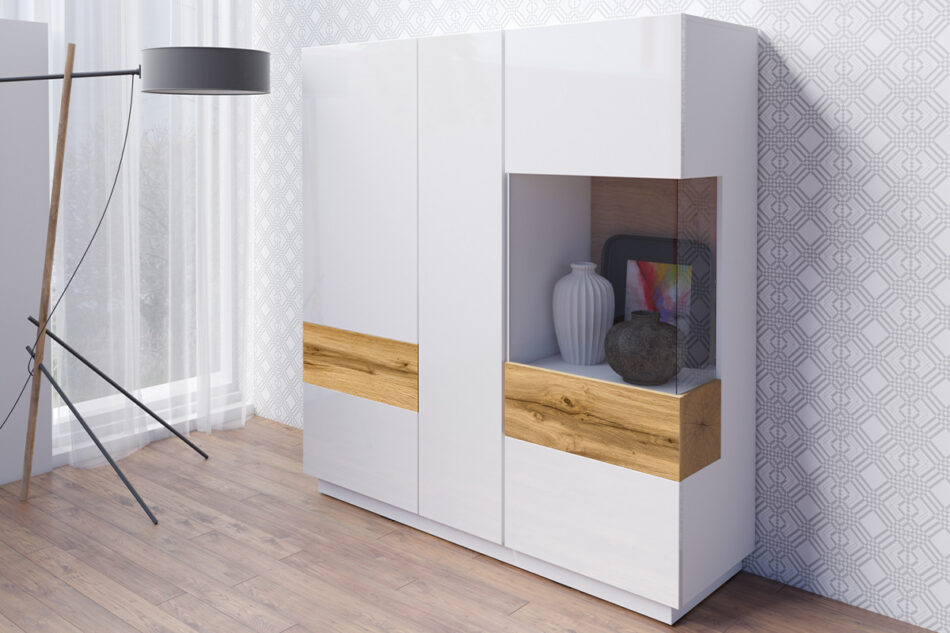 SILKE Komoda z witryną biały połysk/dąb - zdjęcie 1