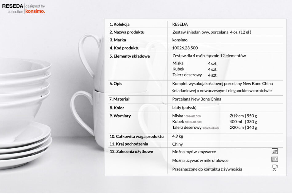 RESEDA Zestaw śniadaniowy, 4 os. (12 el) biały - zdjęcie 3