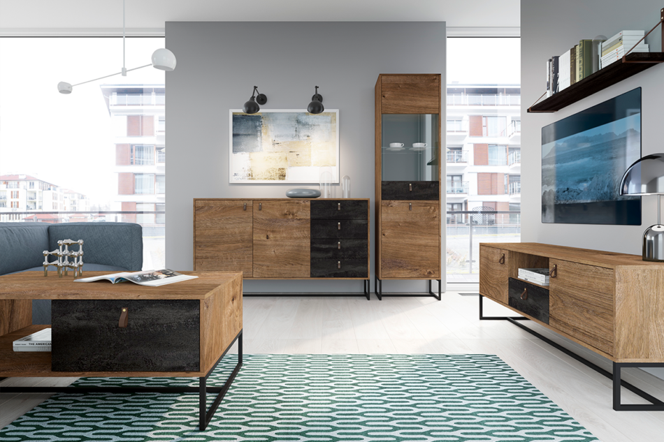 RUGO Mała komoda z szufladami loft ciemny dąb/czarny - zdjęcie 1