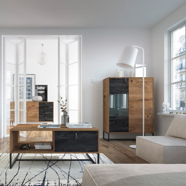 RUGO Duża komoda z szufladami loft ciemny dąb/czarny - zdjęcie 3