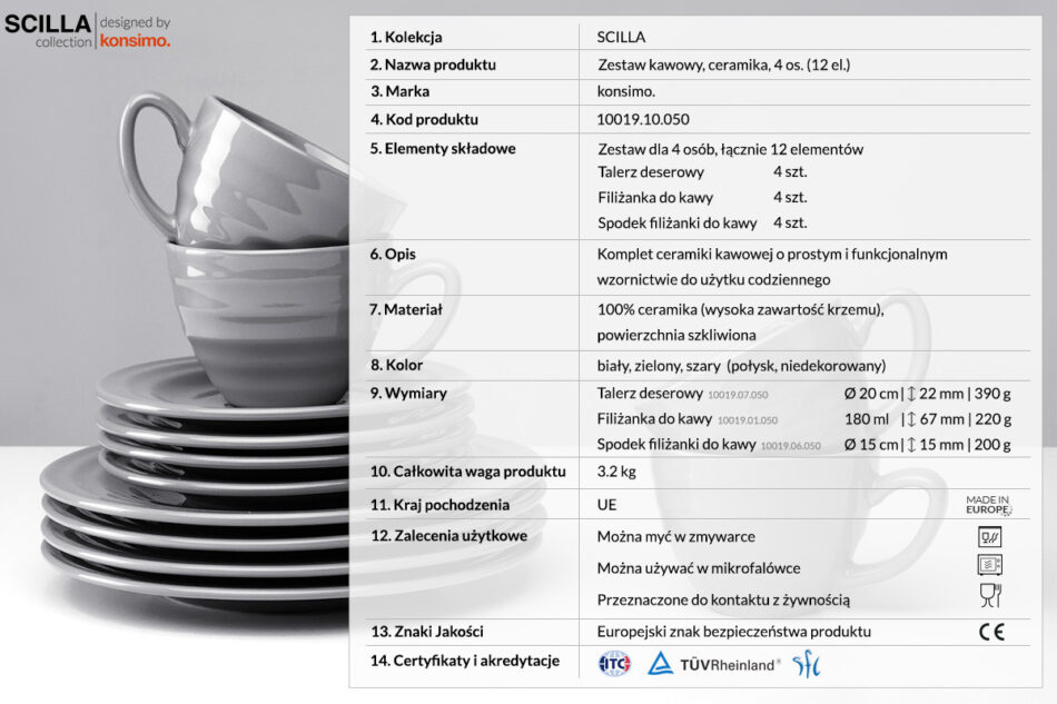 SCILLA Zestaw kawowy, 4 os. (12 el) szary - zdjęcie 2