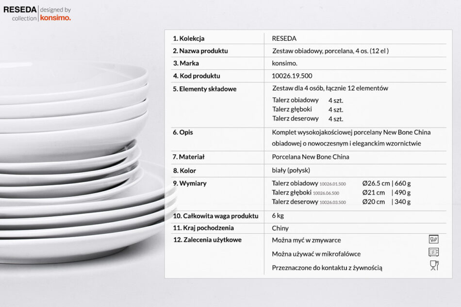 RESEDA Zestaw obiadowy, 4 os. (12el) biały - zdjęcie 2
