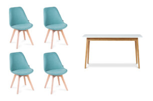 NETAL, FRISK, https://dev1-mda.konsimo.pl/kolekcja/netal-frisk/ Biały stół rozkładany skandynawski z krzesłami turkusowy| biały/dąb naturalny - zdjęcie