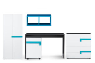 SHIBU, https://dev1-mda.konsimo.pl/kolekcja/shibu/ Zestaw meble do pokoju dziecka 5 elementów  grafit/biały/niebieski - zdjęcie