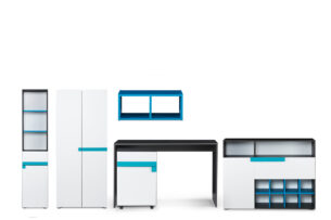 SHIBU, https://dev1-mda.konsimo.pl/kolekcja/shibu/ Zestaw meble do pokoju dziecka 6 elementów  grafit/biały/niebieski - zdjęcie