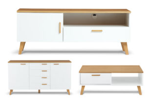 FRISK, https://dev1-mda.konsimo.pl/kolekcja/frisk/ Komoda + Szafka RTV + Stolik kawowy biały/dąb naturalny - zdjęcie