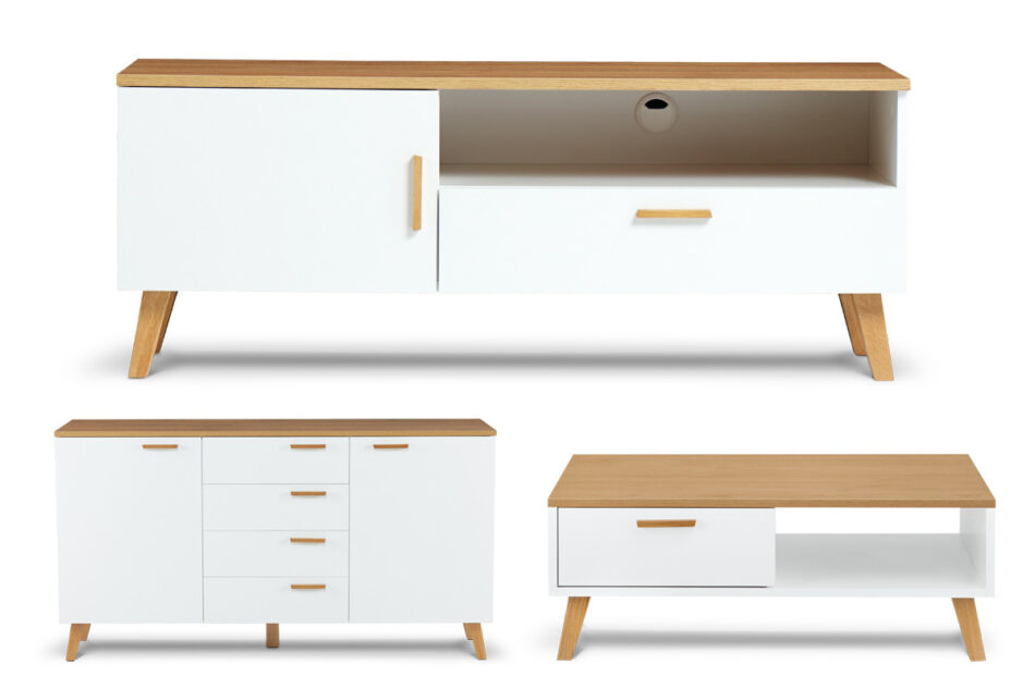FRISK Komoda + Szafka RTV + Stolik kawowy biały/dąb naturalny - zdjęcie 0