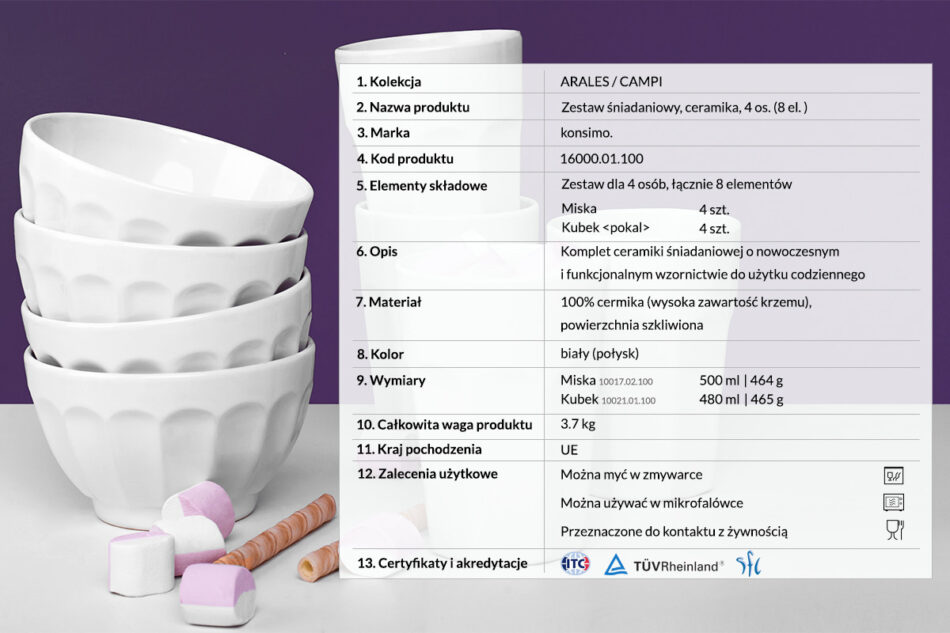 ARALES, CAMPI Zestaw śniadaniowy, 4 os. biały - zdjęcie 2