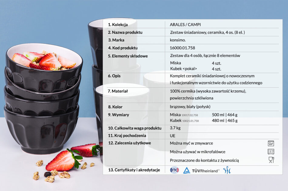 ARALES, CAMPI Zestaw śniadaniowy, 4 os. brązowy/biały - zdjęcie 3