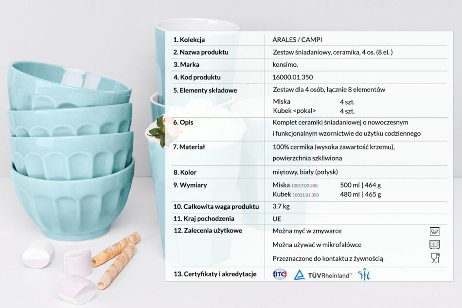 ARALES, CAMPI Zestaw śniadaniowy, 4 os. miętowy - zdjęcie 2