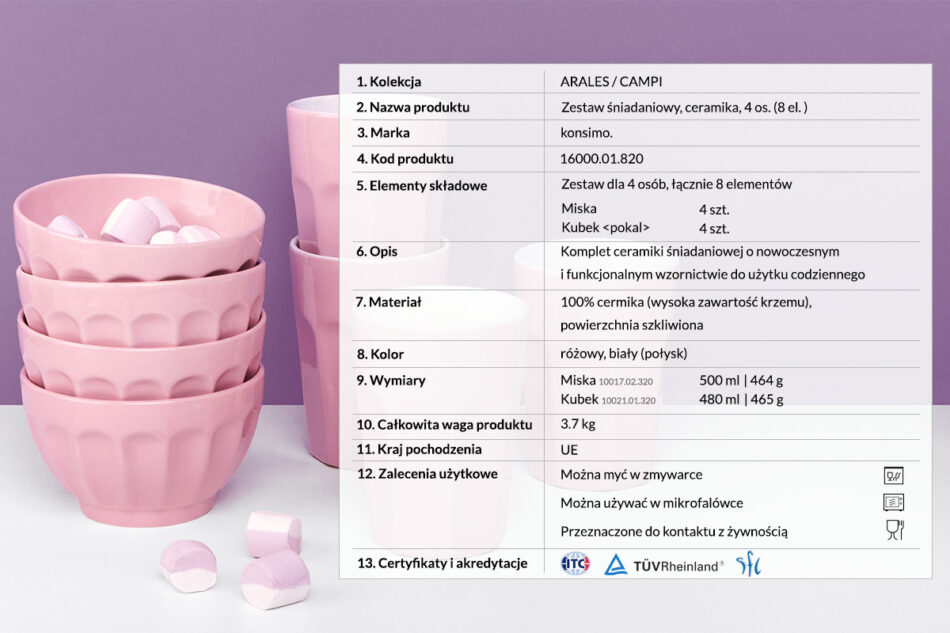 ARALES, CAMPI Zestaw śniadaniowy, 4 os. różowy - zdjęcie 2