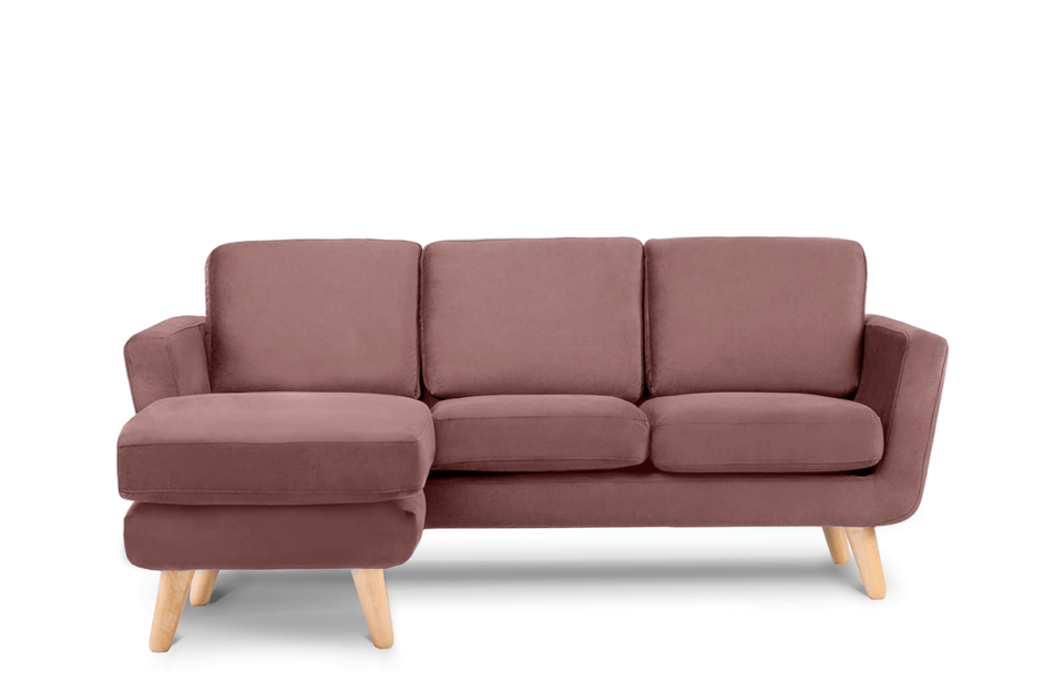 TAGIO Różowy welur skandynawski narożnik z pufą / otomaną lewy koralowy - zdjęcie 0