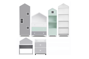 MIRUM, https://dev1-mda.konsimo.pl/kolekcja/mirum/ Zestaw meble domki dla chłopca szare 6 elementów biały/ciemny miętowy/szary - zdjęcie