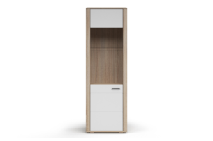 MOLDIS, https://dev1-mda.konsimo.pl/kolekcja/moldis/ Szklana witryna z półkami do salonu biały połysk/dąb canyon - zdjęcie