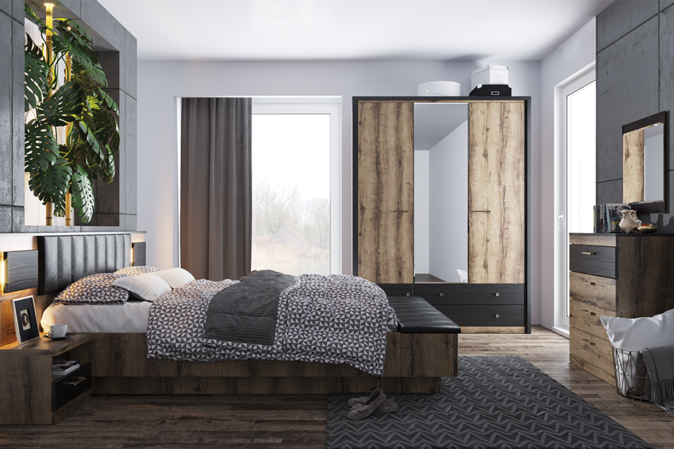 LANDU Nowoczesna szafa z lustrem dąb monastery/czarny - zdjęcie 5