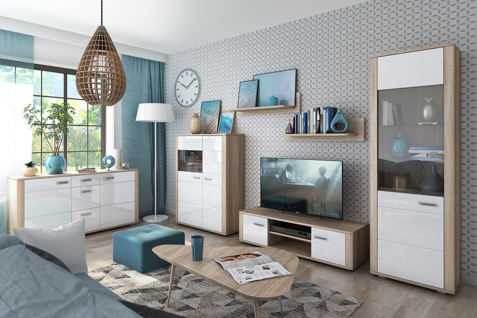 MOLDIS Szklana witryna z półkami do salonu biały połysk/dąb canyon - zdjęcie 2