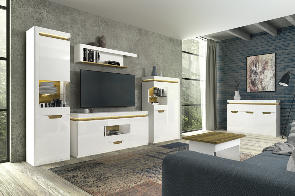 TECTO Szafka RTV w stylu skandynawskim biały połysk/dąb nawarra - zdjęcie 2